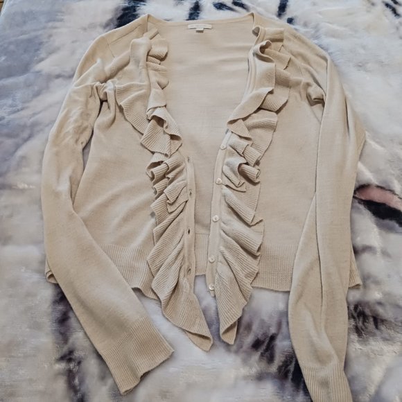 New York & Company Ruffle Front Cardigan Beige M EUC - Picture 6 of 13